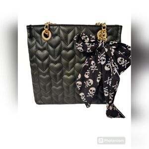 Betsey Johnson Black Quilted Hearts with Skulls Tote Shoulder Bag Purse